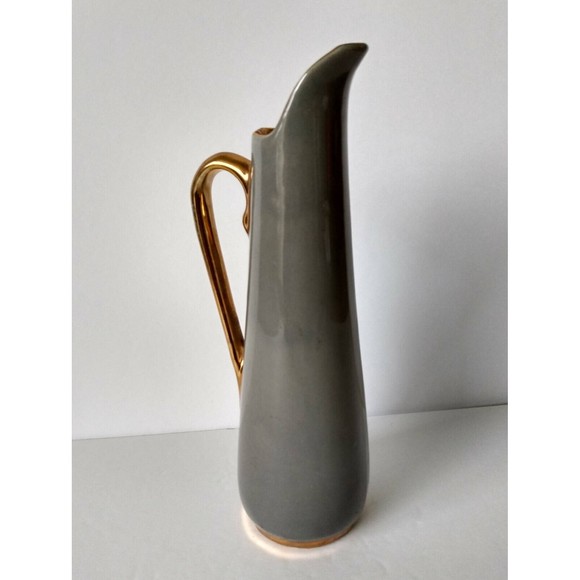 Vintage Gray Pitcher 24k Plated Trim Slim 8" x 2" Grey Kitchen Home Decor Vase - Picture 1 of 6
